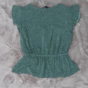 One Clothing Green V-Neck Flutter Sleeve Peplum Blouse Tie Waist Size Medium